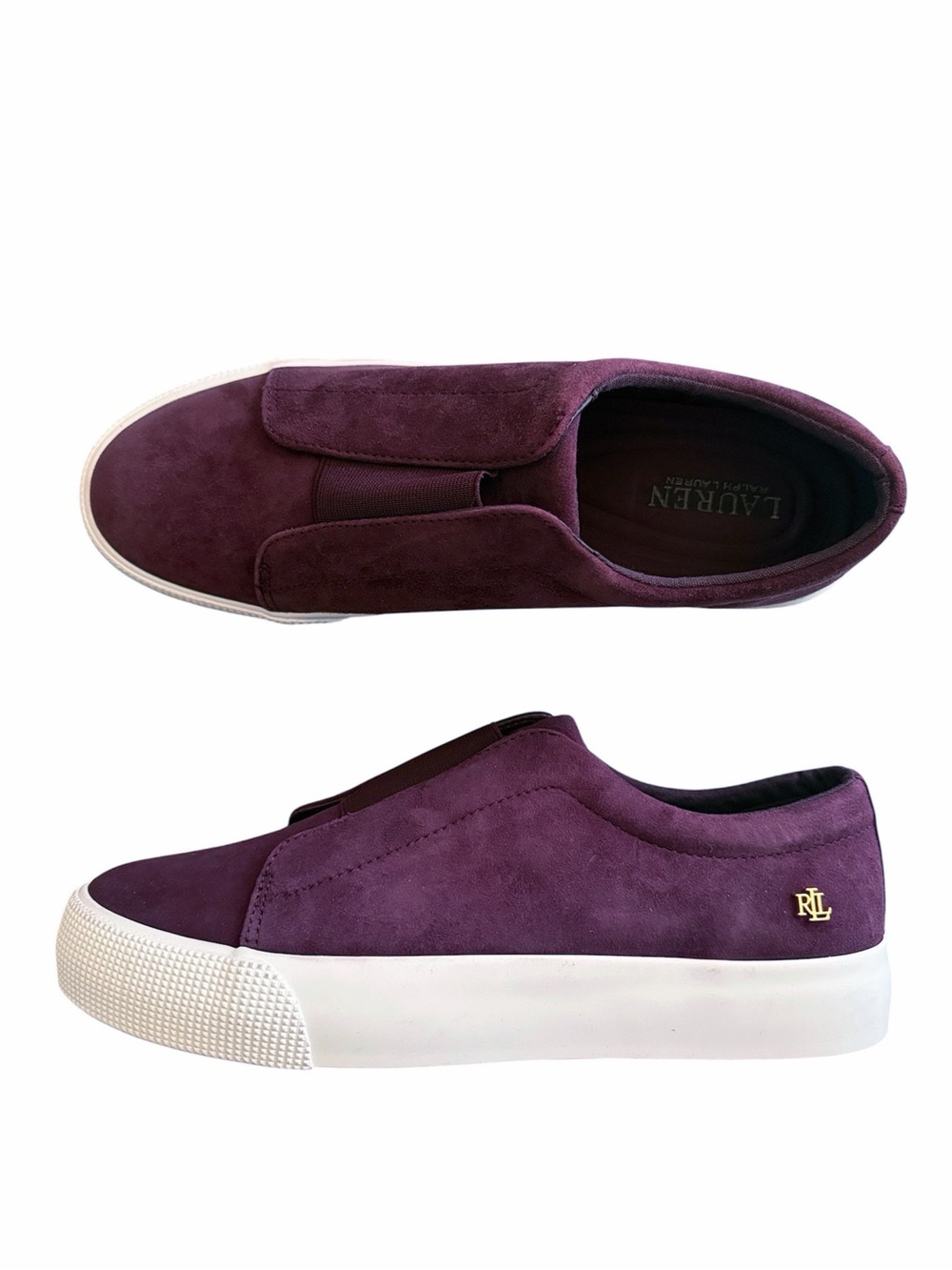 Ralph Lauren Women's Burgundy Slip-On Suede Sneakers with White Sole